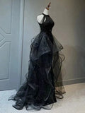 Ndyad A-Line Halter Sparkly Sequins Long Prom Dresses Navy Blue Evening Dresses HZ1024