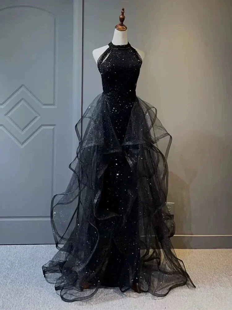 Ndyad A-Line Halter Sparkly Sequins Long Prom Dresses Navy Blue Evening Dresses HZ1024