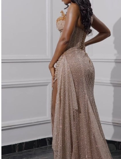 Ndyad Strapless Shiny Beaded Sequin Long Prom Dresses Formal Evening Dresses With Slit HZ1024