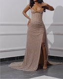 Ndyad Strapless Shiny Beaded Sequin Long Prom Dresses Formal Evening Dresses With Slit HZ1024