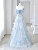 Ndyad A-line Off-the-shoulder Tulle Sequins Long Prom Dress, Blue Long Formal Dress HZ1024