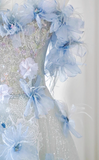 Ndyad A-line Off-the-shoulder Tulle Sequins Long Prom Dress, Blue Long Formal Dress HZ1024