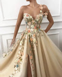 Ndyad flowers A-Line Prom Dresses one shoulder strap Lace Appliques Evening Gown HZ1024