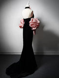 Ndyad V Neck Velvet Black Long Prom Dress, Black Party Dress HZ1024