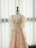 Ndyad Pink A-Line Long Sleeve Tulle Lace Long Prom Dress HZ1024