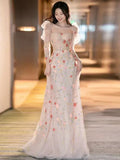 Ndyad Pink A-Line Long Sleeve Tulle Lace Long Prom Dress HZ1024