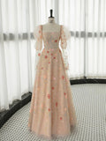 Ndyad Pink A-Line Long Sleeve Tulle Lace Long Prom Dress HZ1024