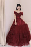 Ndyad A-Line Off Shoulder Tulle Long Prom Dress, Burgundy Long Evening Dress HZ1024