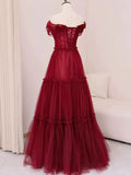 Ndyad A-Line Off Shoulder Tulle Long Prom Dress, Burgundy Long Evening Dress HZ1024