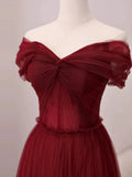Ndyad A-Line Off Shoulder Tulle Long Prom Dress, Burgundy Long Evening Dress HZ1024