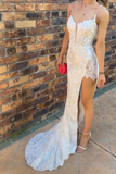 Ndyad Spaghetti Straps Appliques Prom Dress with Slit HZ1024
