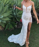 Ndyad Spaghetti Straps Appliques Prom Dress with Slit HZ1024