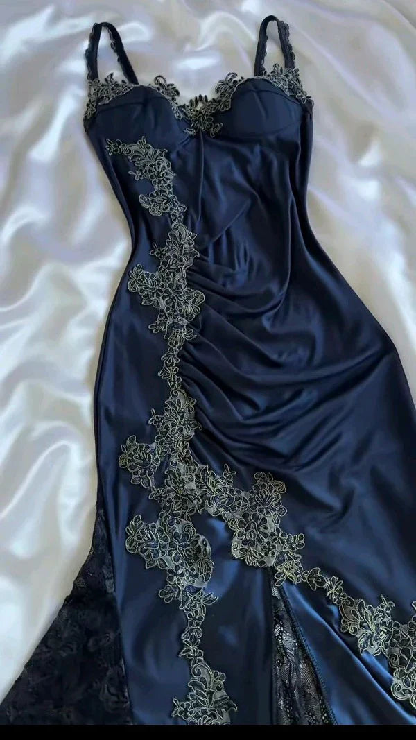 Ndyad Navy Blue Spaghetti Straps Mermaid Satin Appliques Prom Dresses Party Dresses HZ1024