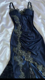 Ndyad Navy Blue Spaghetti Straps Mermaid Satin Appliques Prom Dresses Party Dresses HZ1024