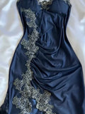 Ndyad Navy Blue Spaghetti Straps Mermaid Satin Appliques Prom Dresses Party Dresses HZ1024