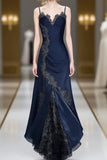 Ndyad Navy Blue Spaghetti Straps Mermaid Satin Appliques Prom Dresses Party Dresses HZ1024