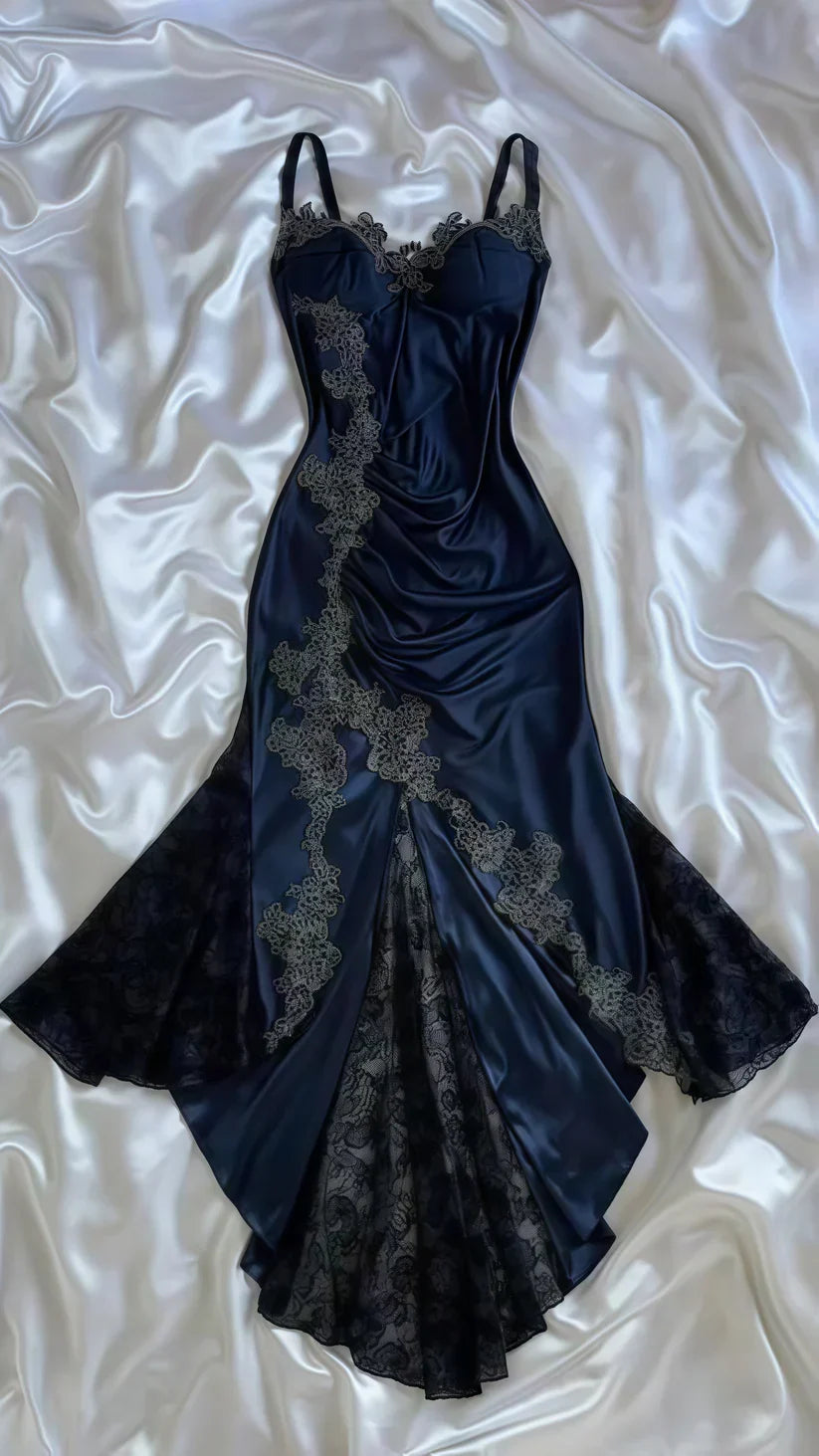 Ndyad Navy Blue Spaghetti Straps Mermaid Satin Appliques Prom Dresses Party Dresses HZ1024