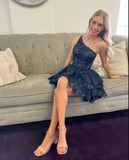 Ndyad Line One Shoulder Navy Tiered Lace Short Homecoming Dress HZ1024
