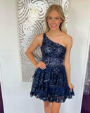 Ndyad Line One Shoulder Navy Tiered Lace Short Homecoming Dress HZ1024