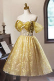 Ndyad Floral Tulle Knee Length Prom Dress, A-Line Off the Shoulder Homecoming Dress HZ1024