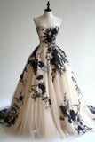 Ndyad Champagne A-line Sweetheart Neckline Tulle Applique Wedding Dress, Vintage Long Evening Gown HZ1024