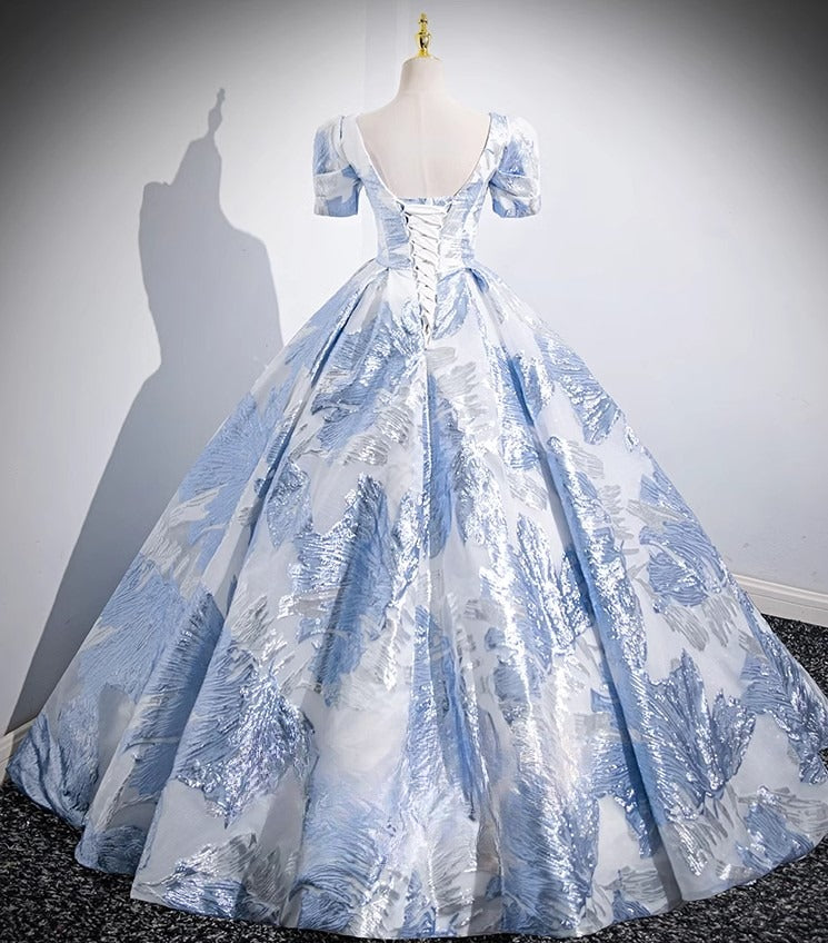 Ndyad A-line U-neck Floral Satin Long Prom dress, Elegant Formal Evening Gown HZ1024