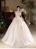 Ndyad Champagne A-Line Strapless Tulle Wedding Dress£¬Gentle Beaded Long Bridal Dress HZ1024