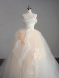 Ndyad Champagne A-Line Strapless Tulle Wedding Dress£¬Gentle Beaded Long Bridal Dress HZ1024