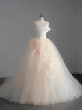 Ndyad Champagne A-Line Strapless Tulle Wedding Dress£¬Gentle Beaded Long Bridal Dress HZ1024