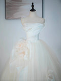 Ndyad Champagne A-Line Strapless Tulle Wedding Dress£¬Gentle Beaded Long Bridal Dress HZ1024
