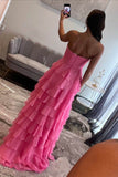 Ndyad Chiffon Sweetheart Tiered Ruffles Prom Dress with Slit HZ1024