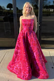 Ndyad A Line Sweetheart Jacquard Satin Red Long Prom Dress with Pockets HZ1024
