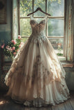 Ndyad A-line Sweetheart Neck Tulle Lace Long Prom Dress Applique Sweet Flower Wedding Dress HZ1024