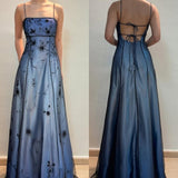 Ndyad Blue Gradient Empire Prom Dresses Backless Romantic Beaded Evening Dresses Guest Dresses HZ1024