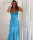 Ndyad Blue?? Spaghetti Strap Mermaid Gown for Prom&Party Sleeveless Satin Vintage Formal Evening Dress HZ1024