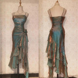 Ndyad Spaghetti Straps Chiffon Satin Ruffled Prom Dresses Fairytale Party Dresses HZ1024