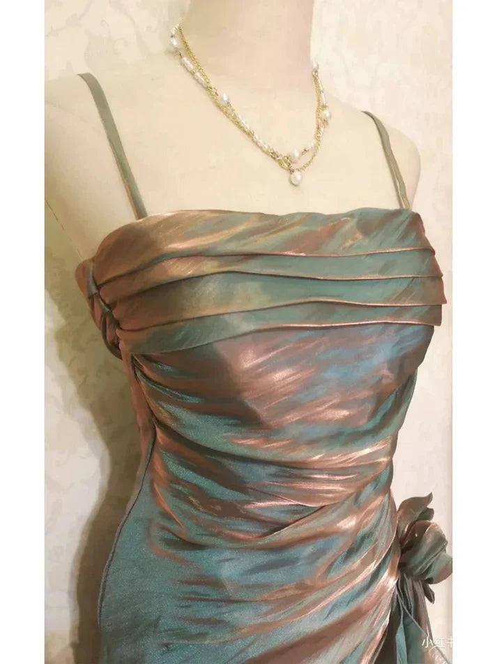 Ndyad Spaghetti Straps Chiffon Satin Ruffled Prom Dresses Fairytale Party Dresses HZ1024