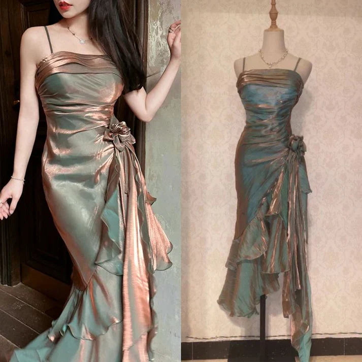 Ndyad Spaghetti Straps Chiffon Satin Ruffled Prom Dresses Fairytale Party Dresses HZ1024