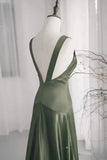 Ndyad A-Line Dark Green SatinV-Neckline Low Back Prom Dress, Dark Green Formal Dress HZ1024