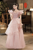 Ndyad A-line Off Shoulder Tulle Sequins Long Prom Dress, Pink Sweet 16 Dress HZ1024