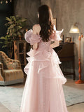 Ndyad A-line Off Shoulder Tulle Sequins Long Prom Dress, Pink Sweet 16 Dress HZ1024