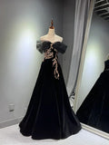 Ndyad A-line Off Shoulder Tulle Velvet Long Prom Dress,Sequin Formal Evening Dress HZ1024