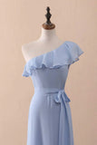 Ndyad A-Line One-Shoulder Ruffled Chiffon Long Bridesmaid Dress Prom Dress HZ1024