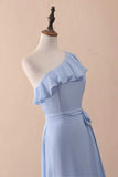 Ndyad A-Line One-Shoulder Ruffled Chiffon Long Bridesmaid Dress Prom Dress HZ1024