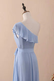 Ndyad A-Line One-Shoulder Ruffled Chiffon Long Bridesmaid Dress Prom Dress HZ1024