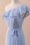 Ndyad A-Line One-Shoulder Ruffled Chiffon Long Bridesmaid Dress Prom Dress HZ1024