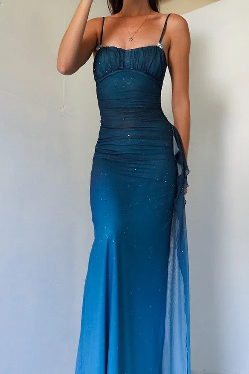 Ndyad Gradient Blue Mermaid Gown for Party&Quinceanera- Spaghetti Straps Glitter Chiffon Long Prom&Evening Dress HZ1024