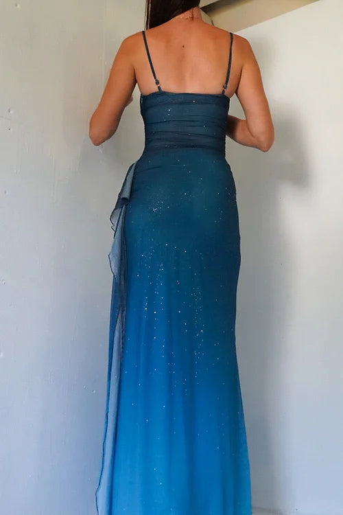 Ndyad Gradient Blue Mermaid Gown for Party&Quinceanera- Spaghetti Straps Glitter Chiffon Long Prom&Evening Dress HZ1024