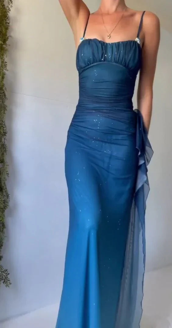 Ndyad Gradient Blue Mermaid Gown for Party&Quinceanera- Spaghetti Straps Glitter Chiffon Long Prom&Evening Dress HZ1024
