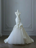 Ndyad Strapless Mermaid Wedding Dresses, Tulle Satin Tender Sleeveless Bridal Gowns HZ1024
